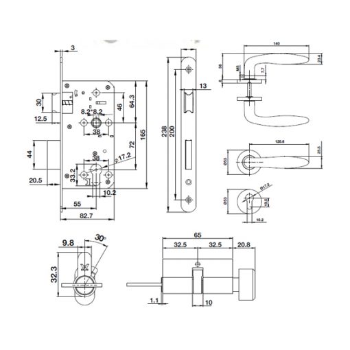 Kích thước bộ khóa cửa Hafele 499.63.801