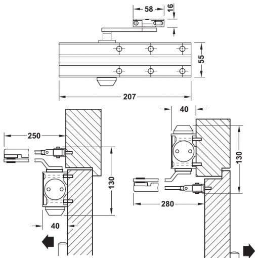 kích thước thiết bị đóng cửa tự động Hafele 931.84.623 DCL 15