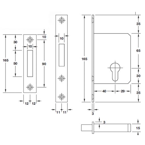 kích thước Thân khóa cửa trượt hafele 911.26.277