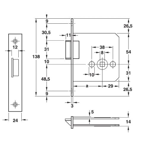 kích thước Thân khóa lưỡi gà hafele 911.23.370