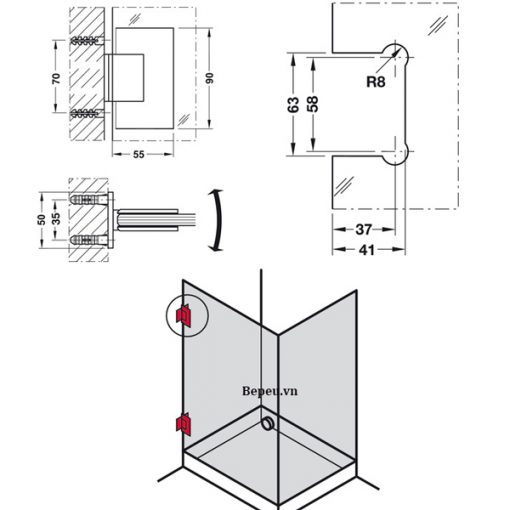 kích thước bản lề cabin tắm kính hafele 981.00.502