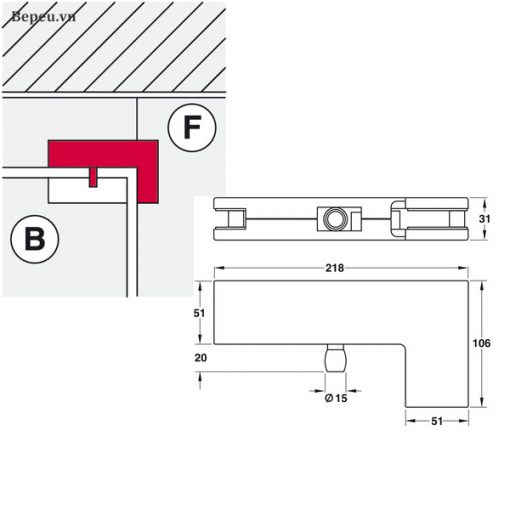 kích thước kẹp kính chữ L hafele inox mờ 981.00.030