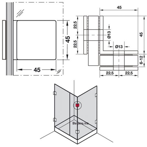 kích thước kẹp kính kính 90 độ Hafele 981.00.552