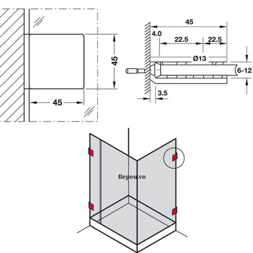 kích thước kẹp tường kính hafele 981.00.562