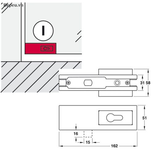 kích thước khóa kẹp chân kính hafele inox mờ 981.00.400