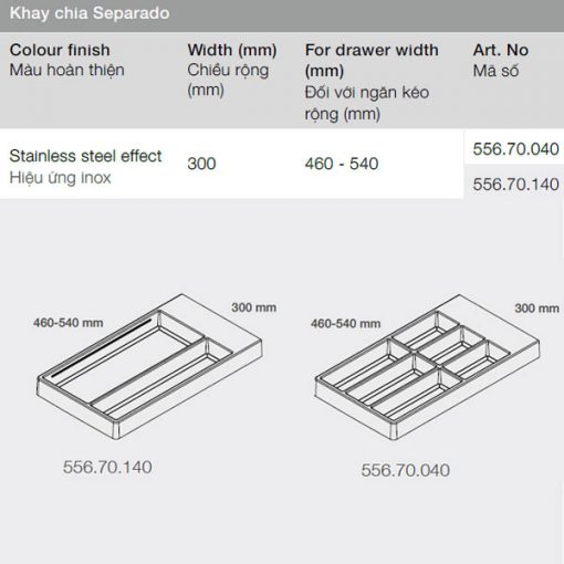 kích thước khay chia ngăn kéo hafele separato