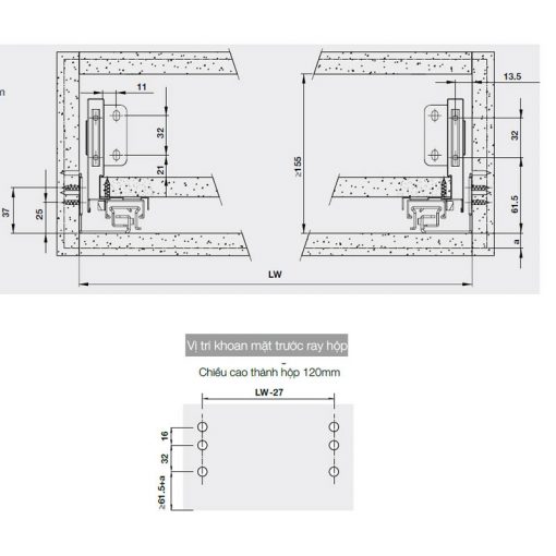 kích thước ray hộp Hafele Alto-S H120 S3