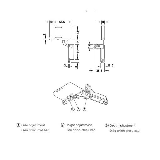 kích thước BẢN LỀ ÂM 3 CHIỀU HAFELE