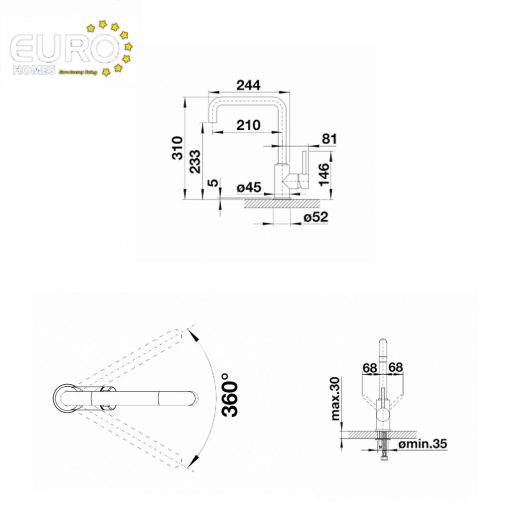 Kích thước Vòi rửa bát Blanco mili 519413